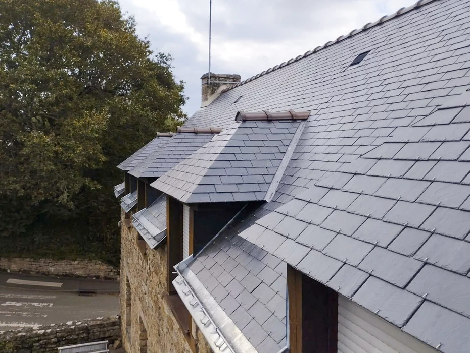 Scène extérieure d'une toiture en hiver avec lucarne vitrée sur versant enneigé