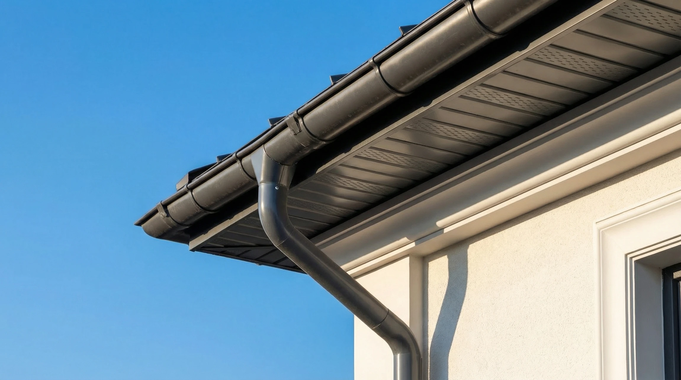 Scène extérieure de pose de gouttière blanche en PVC sur toiture