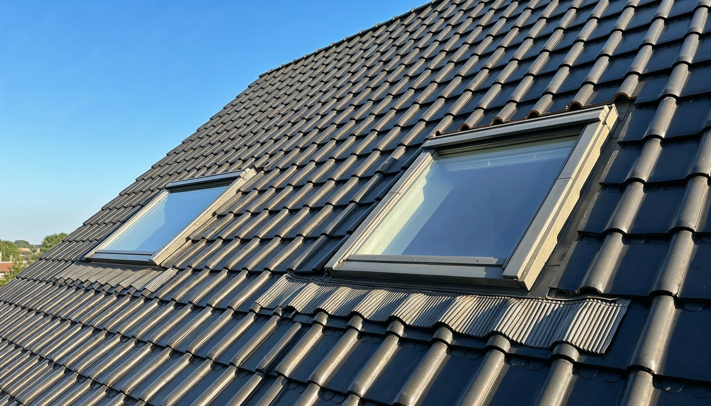 Chantier extérieur de rénovation toiture avec installation de fenêtres de toit